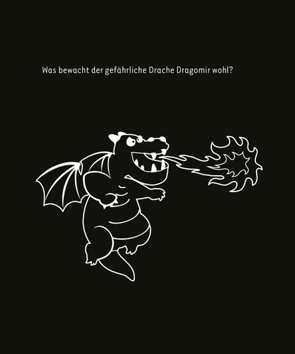 Gezeigt wird eine Innen- oder Zusatzansicht von „Kritzkratz-Spaß Drachen“. Auf schwarzem Hintergrund ist ein cartoonhaft gezeichneter Drache abgebildet, der mit einem verschmitzten Lächeln und weit aufgerissenen Augen in die Perspektive schaut. Seine Flügel sind ausgebreitet, und er spuckt eine flammende Feuerkugel aus seinem geöffneten Maul. Über dem Drachen steht in großen, weißen Buchstaben die Frage: „Was bewacht der gefährliche Drache Dragomir wohl!?“. Die Typografie ist...