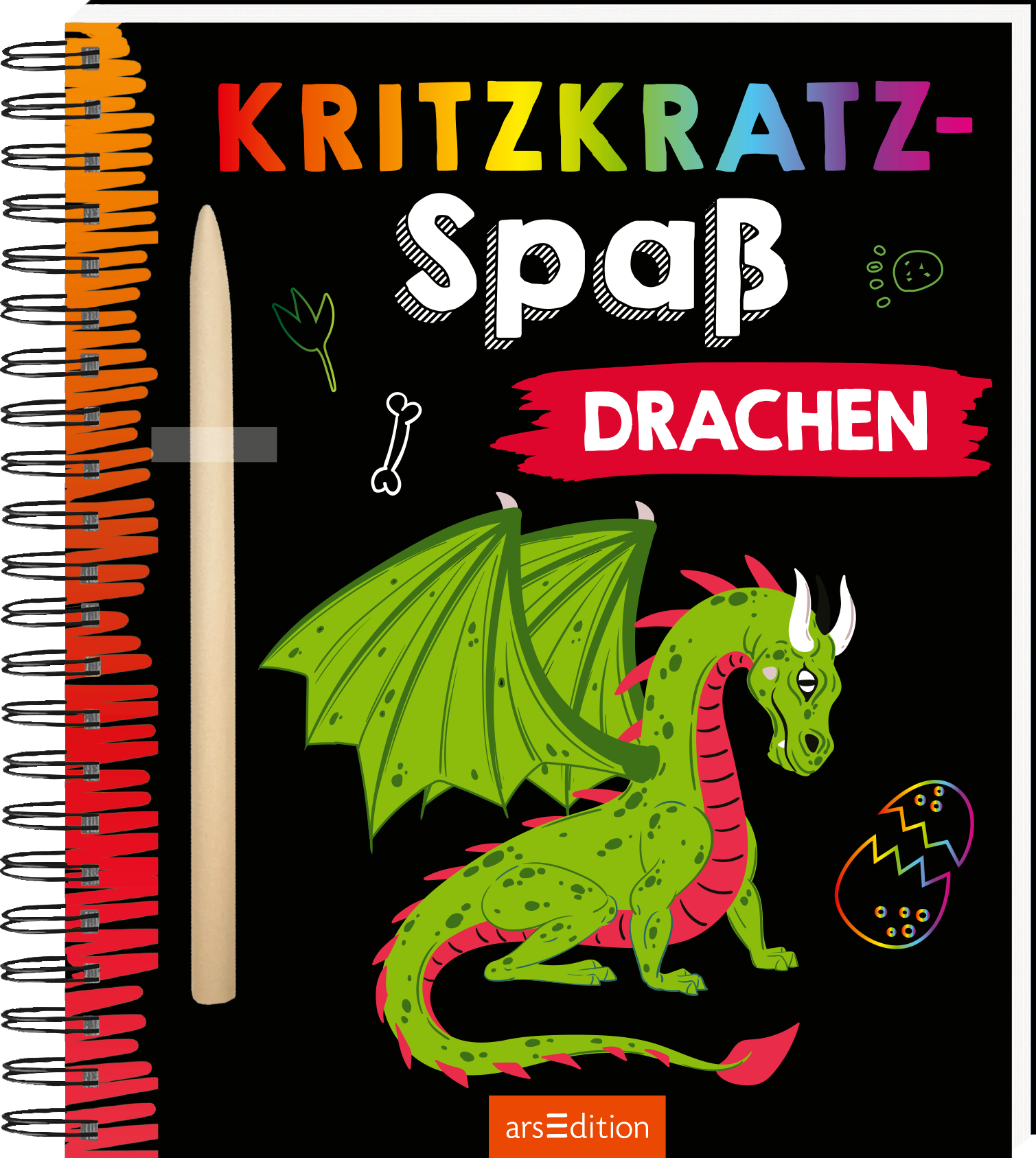 Das Buchcover zeigt einen grünen Drachen auf schwarzem Hintergrund, umgeben von bunten, verspielten Zeichnungen wie Knochen und Eiern. Der Titel „Kritzkritz-Spass Drachen“ ist in großen, bunten Buchstaben gestaltet, wobei „Spass“ im hellen Weiß hervorsticht. Ein spiralförmiger Buchrücken in Orange ergänzt das Design. Ganz unten mittig steht der Logoschriftzug von arsEdition.