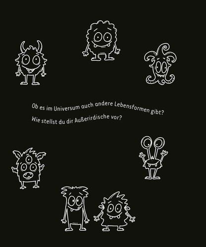 Gezeigt wird eine Innen- oder Zusatzansicht von „Kritzkratz-Spaß Weltall“. Die Illustration zeigt eine Gruppe von fantasievollen, cartoonhaften Außerirdischen in unterschiedlichen Farben wie Blau, Grün und Lila, auf einem dunklen, schwarzen Hintergrund. Einige Figuren haben große, runde Augen und grinsende Gesichter, während andere schelmisch wirken. In der Mitte steht die Frage „Ob es im Universum auch andere Lebensformen gibt? Wie stellst du dir Außerirdische vor?“, die in einer...