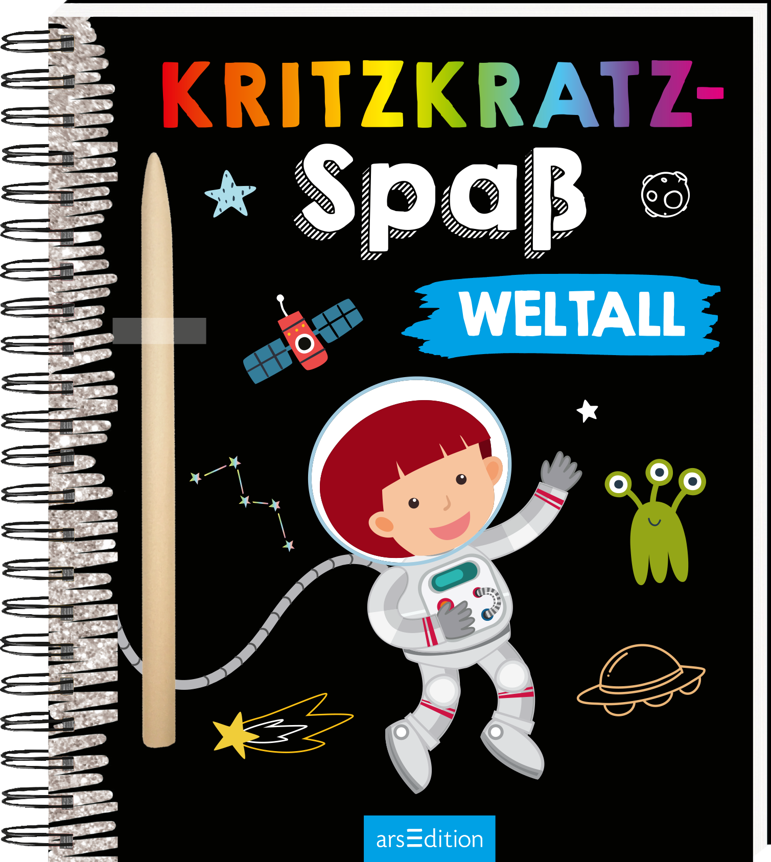Das Buchcover zeigt einen schwarzen Hintergrund, auf dem der Titel „Kritzkraz-Spass“ in bunten Buchstaben steht, während das Wort „WELTALL“ in leuchtendem Blau hervorgehoben ist. In der unteren Mitte ist ein fröhlicher Astronaut mit rotem Haar abgebildet, der mit einem Kabel verbunden ist. Um ihn herum sind viele farbenfrohe Illustrationen von Sternen, Planeten und Aliens zu sehen. Ganz oben links ist ein silberner Stift dargestellt. Ganz unten mittig steht der Logoschriftzug von...