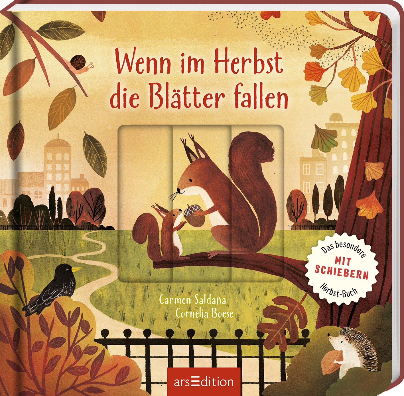 Das Buchcover zeigt eine herbstliche Szene mit einem liebevoll illustrierten Eichhörnchen, das eine Eichel hält. Links ist ein schattierter Weg mit bunten Blättern und einer stilisierten Stadt im Hintergrund zu sehen. Der Titel „Wenn im Herbst die Blätter fallen“ prangt in großer, rot-orangefarbener Schrift. In der oberen rechten Ecke befindet sich ein SPIEGEL-Bestseller-Button mit dem Text „Das besondere mit Schiebern Herbst-Buch“. Ganz unten mittig steht der Logoschriftzug von...