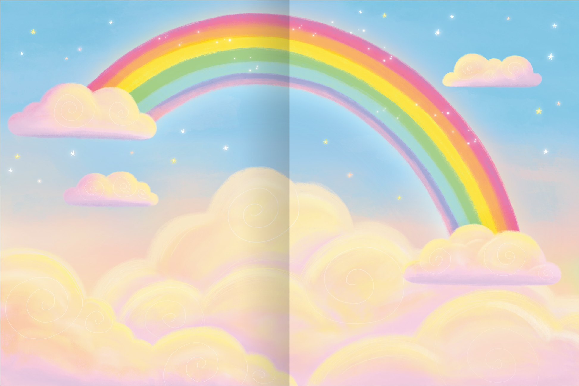 Gezeigt wird eine Innen- oder Zusatzansicht von „Mein flauschiges Stickerheft – Einhörner“. Die Illustration zeigt einen harmonischen Regenbogen in leuchtenden Farben, der sich über eine sanfte Wolkenlandschaft spannt. Der Himmel ist in sanften Blau- und Pastelltönen gehalten, während die Wolken in zarten Rosa- und Gelbtönen erstrahlen. Funken und Sterne ergänzen die fröhliche, magische Atmosphäre.