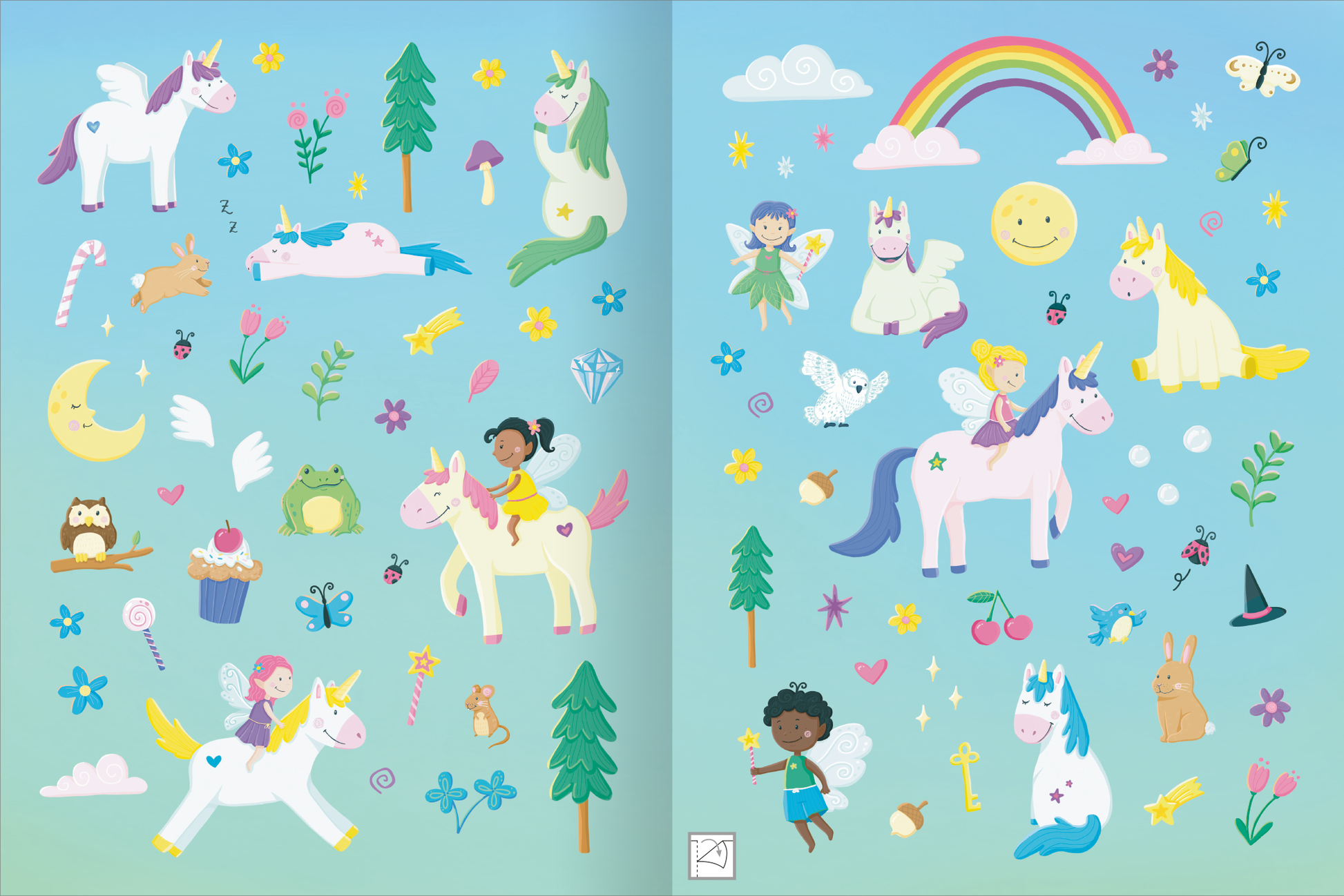 Gezeigt wird eine Innen- oder Zusatzansicht von „Mein flauschiges Stickerheft – Einhörner“. Die Ansicht präsentiert eine Vielzahl bunter, fantasievoller Sticker, darunter Einhörner, Tierchen und magische Elemente, vor einem sanften blauen Hintergrund. Farbige Motive wie Regenbogen, Wolken und Blumen geben der Seite ein fröhliches Ambiente.