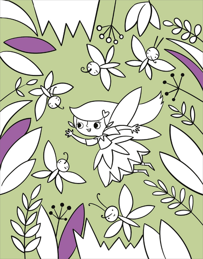 Gezeigt wird eine Innen- oder Zusatzansicht von „Diamant-Malbuch Feen“. Die Illustration zeigt eine schwebende Fee mit langen Haaren, die ein ausladendes Kleid trägt. Umgeben ist sie von stilisierten Blumen, Schmetterlingen und Blättern in sanften Grüntönen sowie lila Akzenten. Die Umrisse sind klar und deutlich, was die Ausmalflächen hervorhebt. Auf dem hellgrünen Hintergrund wirken die Motive freundlich und einladend, ideal für kreative Kinderaktivitäten.