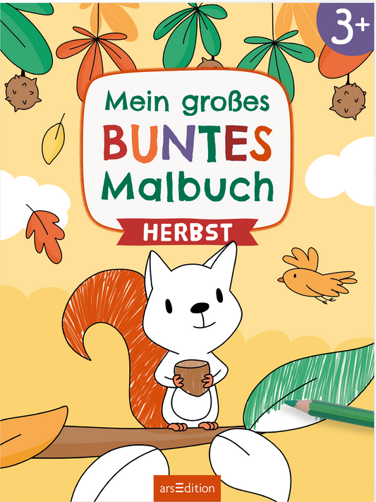Das Cover zeigt einen cartoonhaften, weißen Eichhörnchen, das eine Tasse hält, vor einem Hintergrund in warmen Gelbtönen mit bunten Herbstblättern. Der Titel „Mein großes BUNTES Malbuch“ ist in verschiedenen Farben und verspielter Schrift platziert, während das Wort „HERBST“ hervorgehoben in Rot auf einem Banner steht. Oben rechts befindet sich die Altersangabe „3+“. Ganz unten mittig steht der Logoschriftzug von arsEdition.