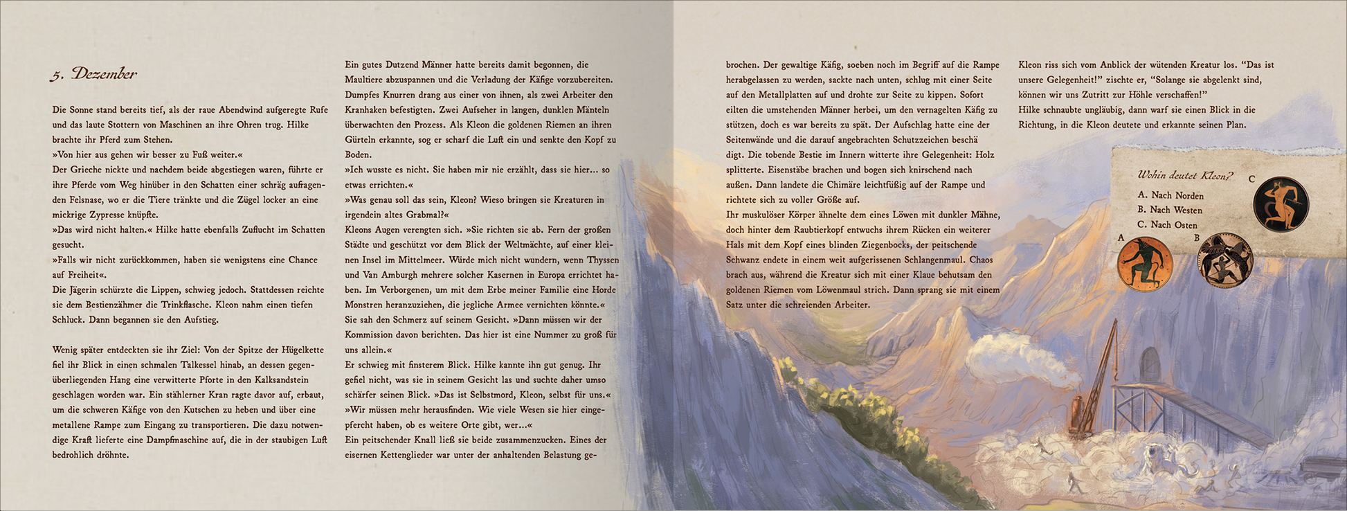 Gezeigt wird eine Innen- oder Zusatzansicht von „Im Labyrinth des Minotaurus“. Die Seiten sind sanft in Cremefarben gehalten, während der Text in einer klaren, gut lesbaren Serifenschrift erscheint. Auf der rechten Seite ist eine farbenfrohe ilustrative Darstellung, die einen mythischen Kontext vermittelt, umgeben von sanften Blautönen und Erdtönen. Zusätzliche Symbole in Kreisen heben zentrale Themen hervor und schaffen visuelles Interesse. Die gesamte Gestaltung fördert die...