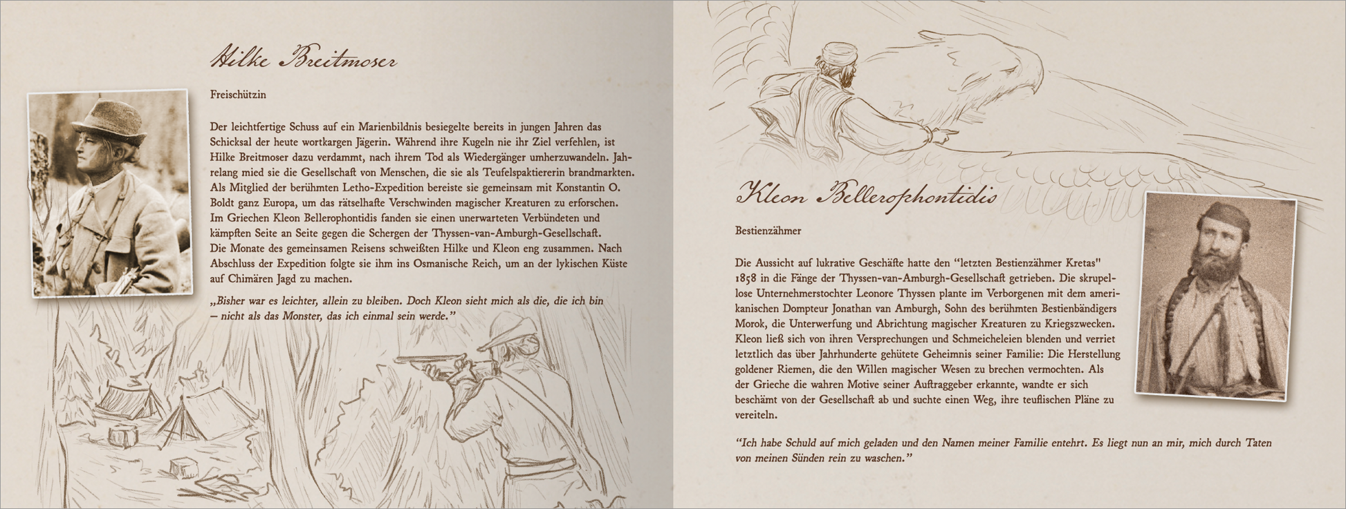 Gezeigt wird eine Innenansicht von „Im Labyrinth des Minotaurus“. Die Seite ist in sanften Erdtönen gehalten, mit einer hellen, cremigen Hintergrundfarbe. Links ist ein sepiafarbenes Porträt eines Mannes zu sehen, daneben eine handgezeichnete Szene eines Jägers mit Gewehr. Auf der rechten Seite findet sich ein weiteres Bild eines Mannes in historischer Kleidung, begleitet von Texten in klarer, gut lesbarer Serifenschrift, die den Inhalt in übersichtlichen Absätzen darstellen.