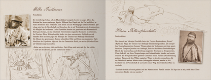 Gezeigt wird eine Innenansicht von „Im Labyrinth des Minotaurus“. Die Seite ist in sanften Erdtönen gehalten, mit einer hellen, cremigen Hintergrundfarbe. Links ist ein sepiafarbenes Porträt eines Mannes zu sehen, daneben eine handgezeichnete Szene eines Jägers mit Gewehr. Auf der rechten Seite findet sich ein weiteres Bild eines Mannes in historischer Kleidung, begleitet von Texten in klarer, gut lesbarer Serifenschrift, die den Inhalt in übersichtlichen Absätzen darstellen.