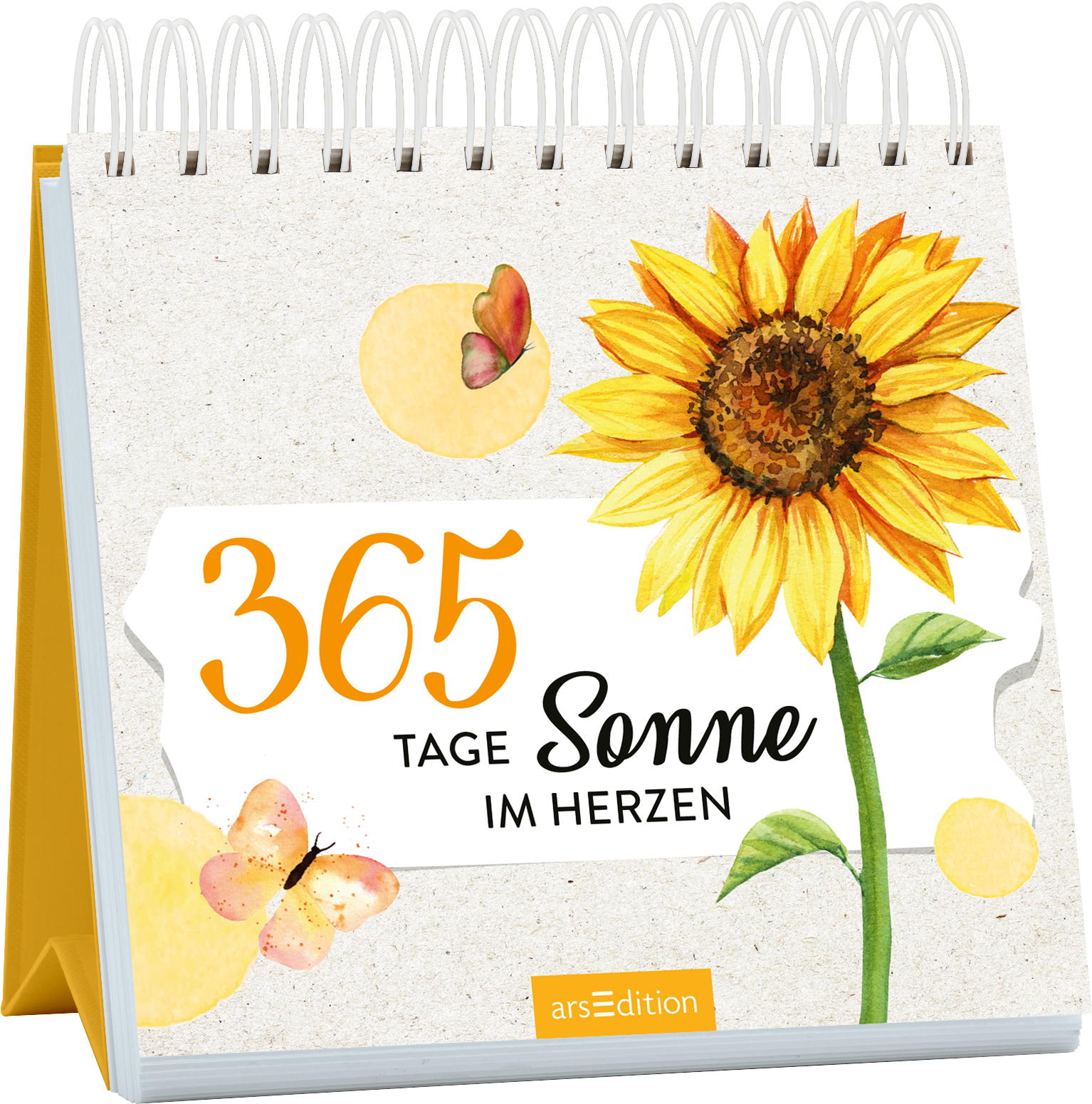 Das Buchcover zeigt eine fröhliche Sonnenblume in leuchtenden Gelbtönen, umgeben von sanften Farben und zarten Schmetterlingen. Über der Blume steht in großen, orangefarbenen Ziffern „365“ und darunter in eleganter, schwarzer Schrift „TAGE Sonne IM HERZEN“. Der Hintergrund ist in einem neutralen Farbton gehalten, was die lebendigen Motive hervorhebt. Ganz unten mittig steht der Logoschriftzug von arsEdition.