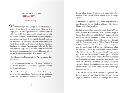 Gezeigt wird eine Innen- oder Zusatzansicht von „Die kleine Bibliothek der positiven Gefühle: Heiterkeit“. Der Text ist in einer klaren, gut lesbaren Serifenschrift gesetzt, wobei die Überschrift in einem kräftigen Rot hervorgehoben wird. Die Seiten sind in einem schlichten Weiß gehalten, das den Kontrast zum Text optimiert. Auf der linken Seite ist der Beginn eines Kapitels abgebildet, während die rechte Seite den fortlaufenden Text zeigt. Die Anordnung sorgt für eine angenehme...