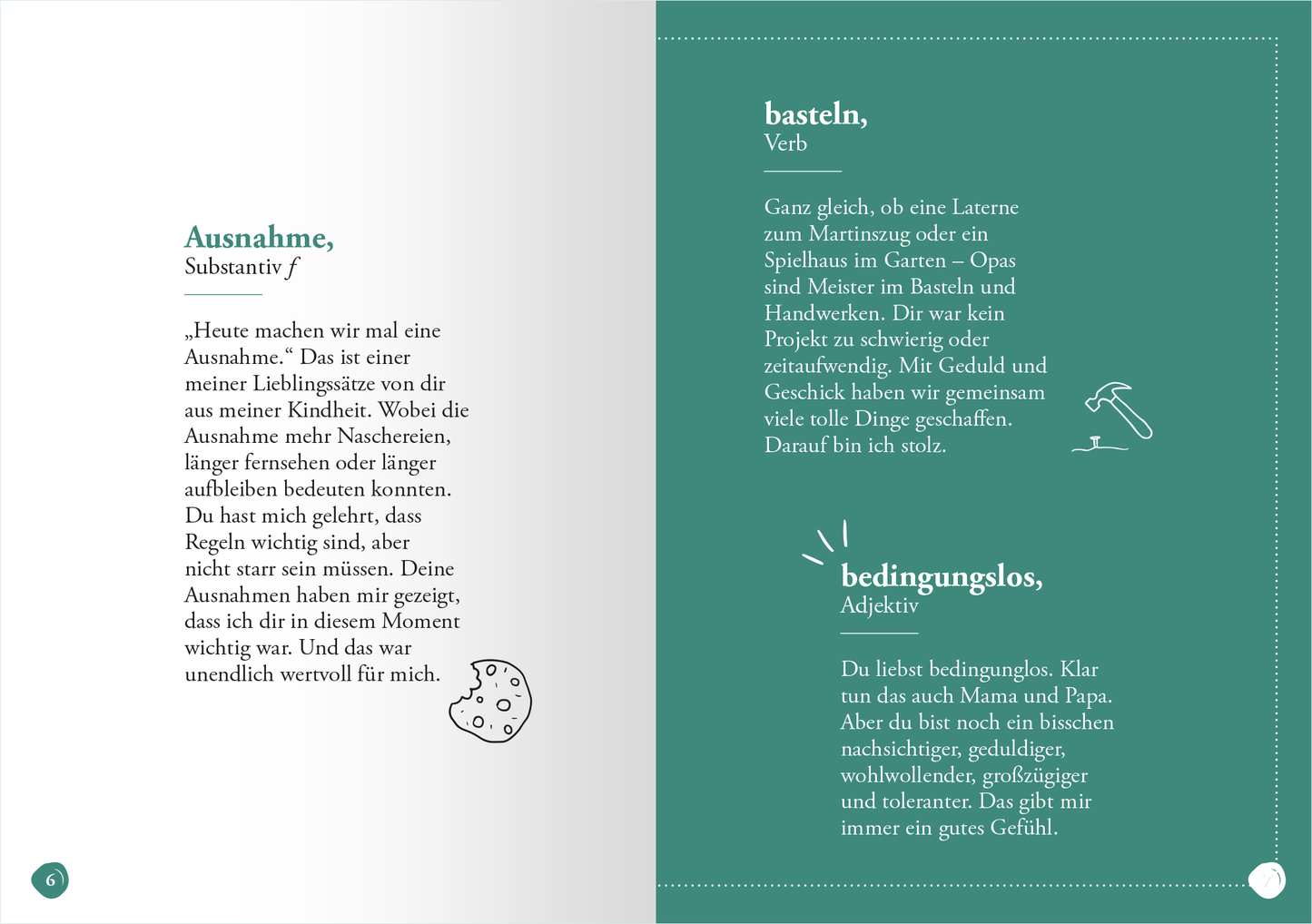 Gezeigt wird eine Innenansicht von „Opa“. Die Seite ist in zwei Hälften unterteilt: Links befindet sich ein helles Feld mit dem Begriff „Ausnahme“ in dekorativer Schrift, darunter zitiert ein Text mit fester Typografie, der eine Erklärung liefert. Rechts ist ein dunkelgrünes Feld, das die Begriffe „basteln“ und „bedingungslos“ in sanften, klaren Buchstaben darstellt. Kleine illustrative Elemente, wie ein Löffel und ein Herz, ergänzen die Bildungsinhalte.