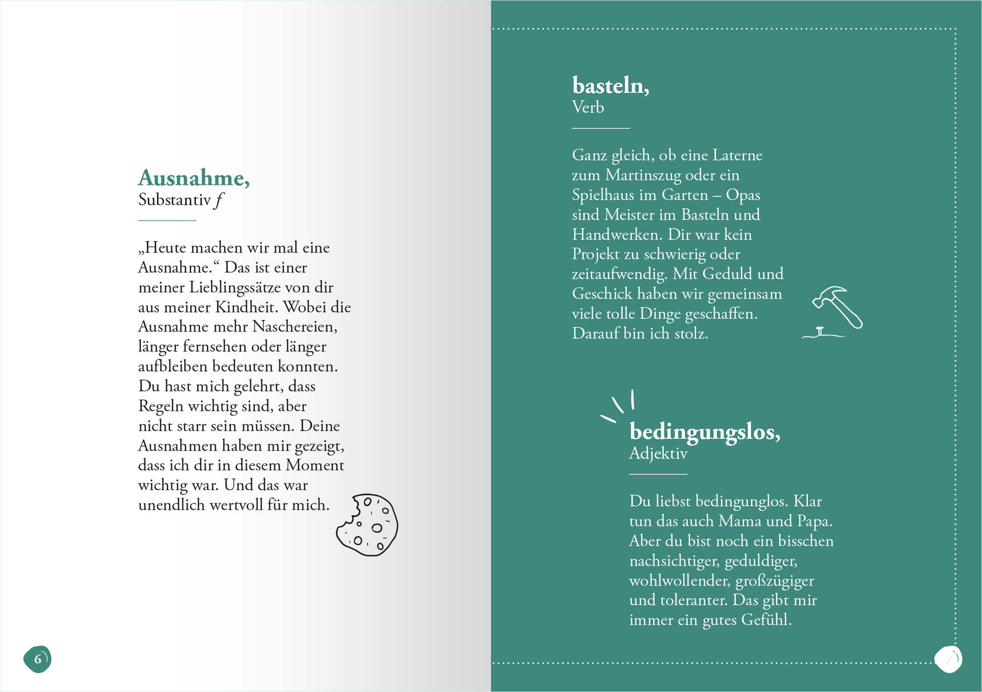 Gezeigt wird eine Innenansicht von „Opa“. Die Seite ist in zwei Hälften unterteilt: Links befindet sich ein helles Feld mit dem Begriff „Ausnahme“ in dekorativer Schrift, darunter zitiert ein Text mit fester Typografie, der eine Erklärung liefert. Rechts ist ein dunkelgrünes Feld, das die Begriffe „basteln“ und „bedingungslos“ in sanften, klaren Buchstaben darstellt. Kleine illustrative Elemente, wie ein Löffel und ein Herz, ergänzen die Bildungsinhalte.