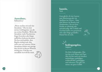 Gezeigt wird eine Innenansicht von „Opa“. Die Seite ist in zwei Hälften unterteilt: Links befindet sich ein helles Feld mit dem Begriff „Ausnahme“ in dekorativer Schrift, darunter zitiert ein Text mit fester Typografie, der eine Erklärung liefert. Rechts ist ein dunkelgrünes Feld, das die Begriffe „basteln“ und „bedingungslos“ in sanften, klaren Buchstaben darstellt. Kleine illustrative Elemente, wie ein Löffel und ein Herz, ergänzen die Bildungsinhalte.