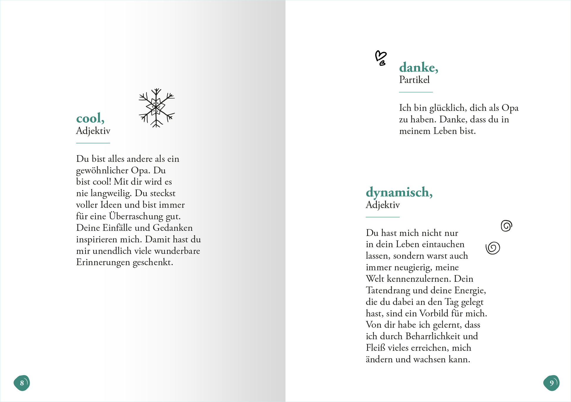 Gezeigt wird eine Innenansicht von „Opa“. Auf der linken Seite steht das Wort „cool“ in einer modernen, grünen Schriftart, begleitet von einem stilisierten Schneeflockensymbol. Darunter folgt ein Text, der positiv über Opa reflektiert. Auf der rechten Seite findet sich das Wort „danke“ in derselben Schriftfarbe, gefolgt von einer kurzen Dankesäußerung. Daneben steht „dynamisch“ in der gleichen Schrift, ergänzt durch einen handgezeichneten, fröhlichen Symbol. Die Seiten...