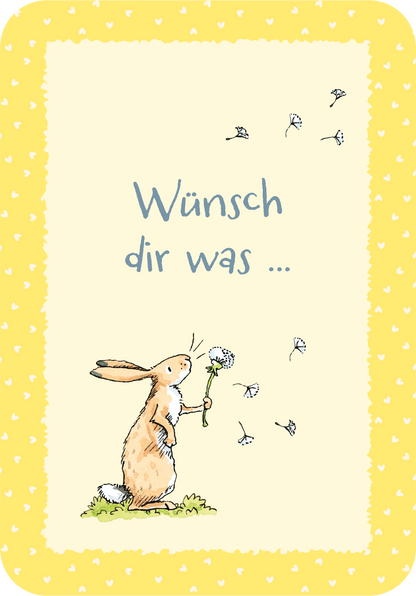 Gezeigt wird eine Innen- oder Zusatzansicht von „Weißt du eigentlich, dass du mein größter Schatz bist?“. Die Illustration zeigt einen niedlichen Hasen, der eine Pusteblume hält. Der Hintergrund ist hellgelb und mit kleinen, weißen Herzen dekoriert. Der Text „Wünsch dir was ...“ ist in einer sanften, blauen Schriftart gestaltet, die verschnörkelt wirkt und kindlich anmutet. Die gesamte Gestaltung vermittelt eine fröhliche und liebevolle Stimmung.