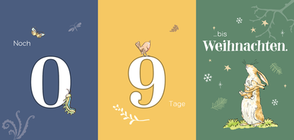 Gezeigt wird eine Innen- oder Zusatzansicht von „Weißt du eigentlich, wie schnell die Zeit vergeht?“. Die drei farbigen Felder zeigen die Zahlen „0“ und „9“ in kräftigen, bunten Typografien auf einem dunkelblauen und gelben Hintergrund. Daneben steht in eleganter Schrift „bis Weihnachten“ auf grünem Grund. Illustrative Elemente wie Insekten und ein niedlicher Hase umrahmen die Zahlen und schaffen eine festliche, lebendige Stimmung.