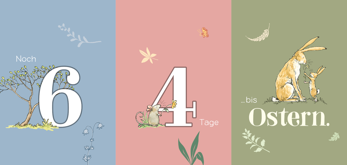 Gezeigt wird eine Innen- oder Zusatzansicht von „Weißt du eigentlich, wie schnell die Zeit vergeht?“. Die Ansicht zeigt drei farbige Segmente: Links ein sanftes Blau mit der Zahl „6“ und pflanzlichen Illustrationen, in der Mitte ein zartes Rosa mit der Zahl „4“ und einer Maus, die ein Blatt hält. Rechts erscheint ein sanftes Grün mit dem Text „…bis Ostern.“ sowie einer Illustrationsszene von zwei Hasen. Die Typografie ist freundlich und verspielt.