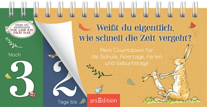 Das Buchcover zeigt einen fröhlichen Countdown-Kalender in leuchtenden Farben. Auf der oberen Hälfte steht in lebendiger Schrift „Weißt du eigentlich, wie schnell die Zeit vergeht?“. Darunter befindet sich der Untertitel „Mein Countdown für die Schule, Feiertage, Ferien und Geburtstage“. Die Zahl „32“ ist groß und deutlich abgebildet, begleitet von einer zählenden Illustration eines freundlichen Hasen. Oben links ist der Titel „Wie liebe ich dich hab'“ zu lesen. Ganz...