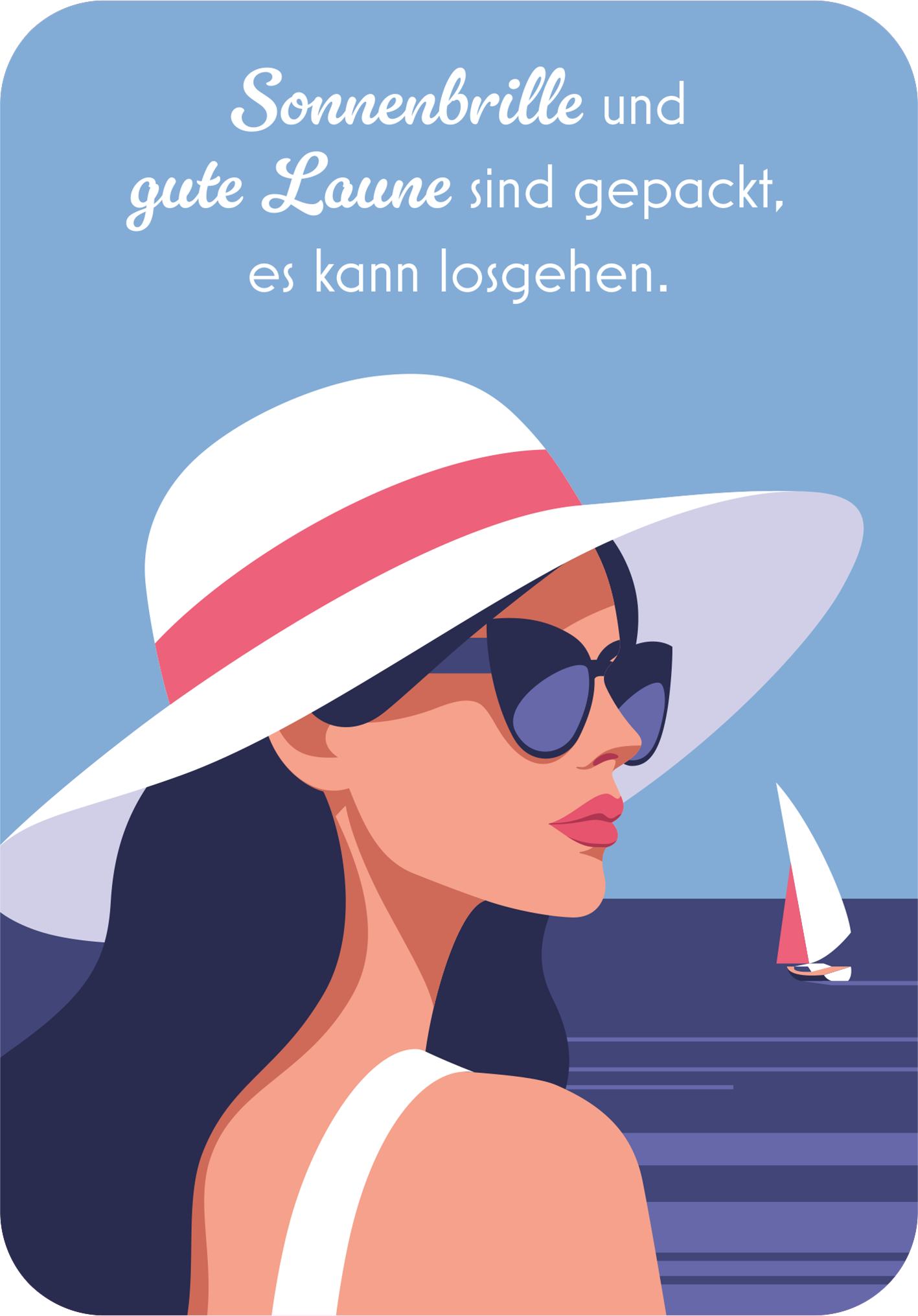 Gezeigt wird eine Innen- oder Zusatzansicht von „Dein Urlaubsorakel“. Die Illustration zeigt eine Frau mit Sonnenbrille und breitem Hut, die seitlich zum Betrachter steht. Der Hintergrund ist in sanften Blau- und Lilatönen gehalten, während die Schriftfarbe weiß ist. Der Text „Sonnenbrille und gute Laune sind gepackt, es kann losgehen.“ ist in einer modernen, gut lesbaren Schriftart platziert. Die gesamte Komposition vermittelt ein fröhliches und entspanntes Urlaubsgefühl.