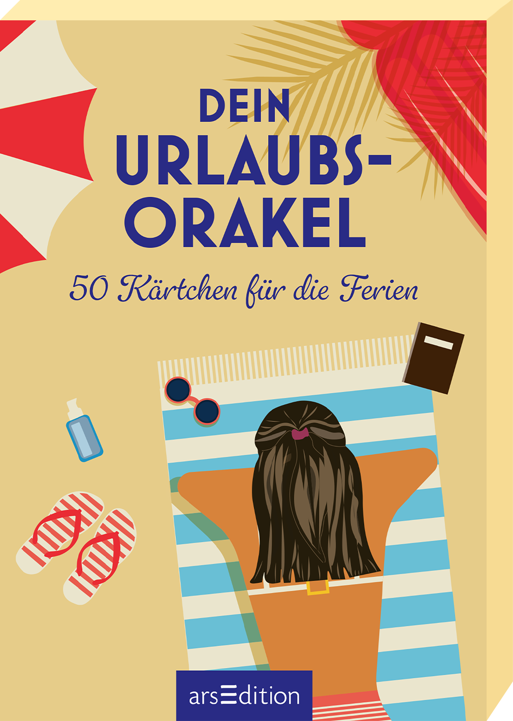 Das Cover zeigt eine entspannte Urlaubsatmosphäre mit einer Liege und einer Person, die auf dem Bauch liegt, umgeben von Urlaubsaccessoires. Die Farben sind hell und einladend, mit dominierenden Blau- und Sandtönen sowie einem auffälligen roten und weißen Sonnenschirm. Der Titel „DEIN URLAUBSORAKEL“ steht in großen, dunklen Buchstaben oben, gefolgt von „50 Kärtchen für die Ferien“ in kleinerer Schrift. Ganz unten mittig steht der Logoschriftzug von arsEdition.