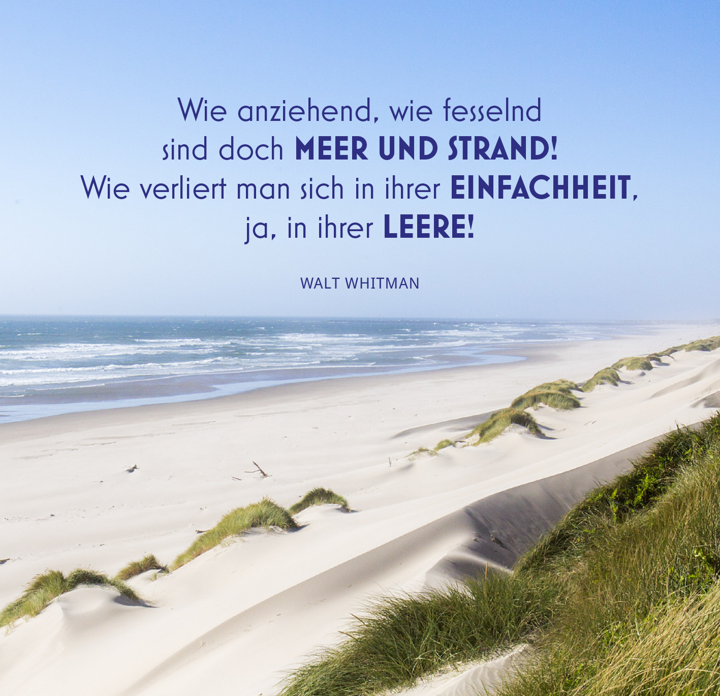 Gezeigt wird eine Innen- oder Zusatzansicht von „Mehr Meer, bitte!“. Auf einem sanften, klaren Hintergrund wird ein Zitat von Walt Whitman prominent platziert. Die Worte „MEER UND STRAND“ sind in einer großen, auffälligen Schrift in tiefem Blau gehalten, während die übrigen Textteile in einer eleganten, geschwungenen Typografie in dunklem Grau erscheinen. Umrahmt wird die Schrift von einem herrlichen Küstenbild mit sanften Sanddünen und ruhigem Meer, das eine einladende...
