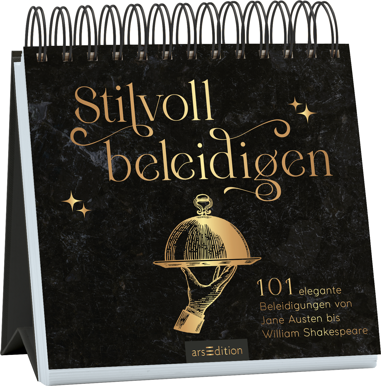 Das Buchcover zeigt eine elegante, schwarze Hintergrundfarbe mit einer marmorierten Textur. In goldener, verschnörkelter Schrift steht der Titel „Stilvoll beleidigen“ im Fokus. Darunter befindet sich der Untertitel „101 elegante Beleidigungen von Jane Austen bis William Shakespeare“, ebenfalls in goldener Schrift. Oberhalb des Titels sind kleine goldene Sternmuster zu sehen. Das Cover vermittelt eine humorvolle, stilvolle Atmosphäre. Ganz unten mittig steht der Logoschriftzug von...