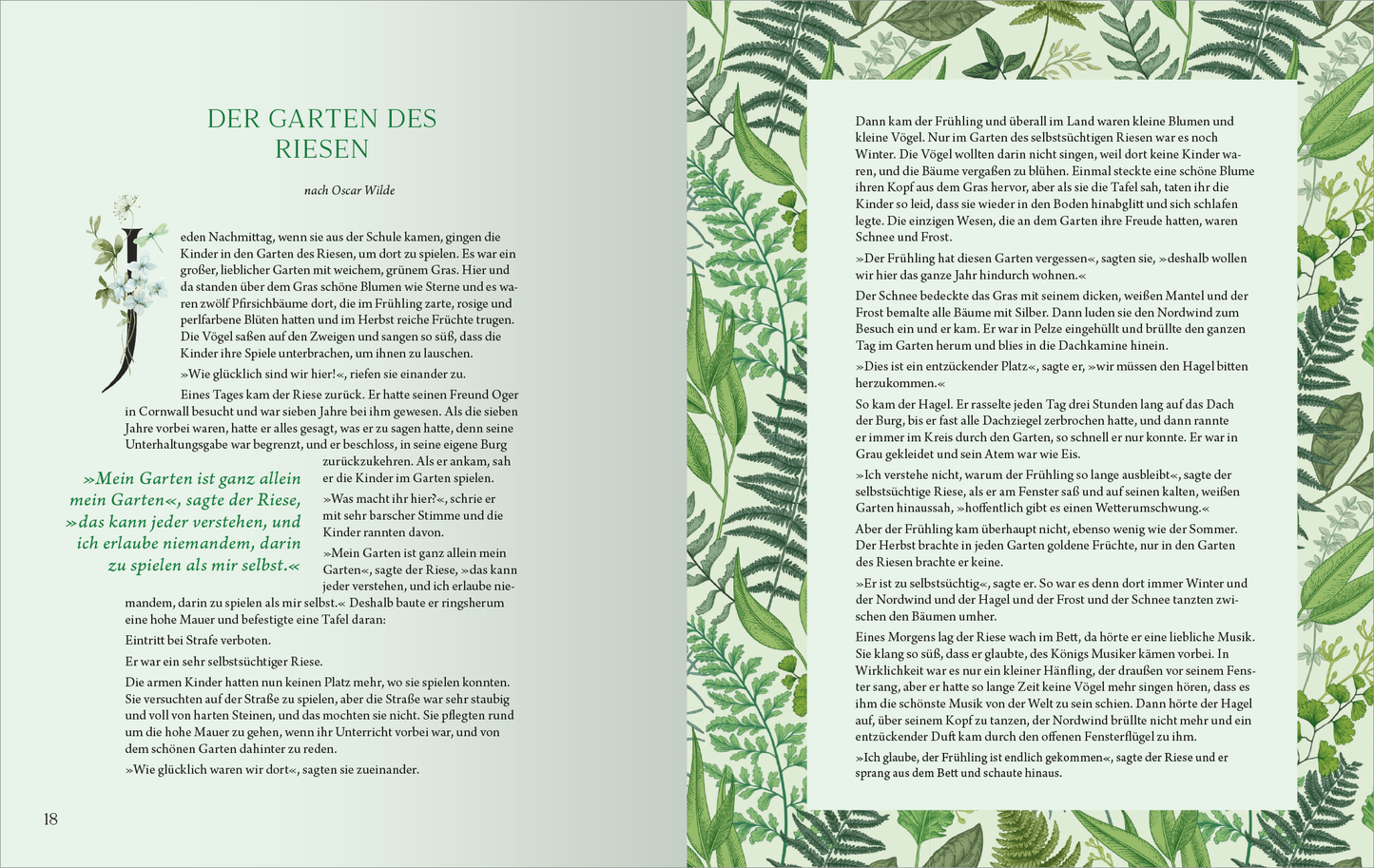 Gezeigt wird eine Innenansicht von „Mein Frühling im Grünen“. Die Doppelseite enthält einen zarten, hellgrünen Hintergrund, durchzogen von Abbildungen verschiedener Pflanzen und Blätter in lebendigen Grüntönen. Die linke Seite präsentiert den Text „DER GARTEN DES RIESEN“ in einer eleganten, serifenlosen Schrift, die gut lesbar ist. Der Text ist in dunklerer Schriftfarbe, mit akzentuierten Elementen in einem sanften Grünton. Das insgesamt harmonische Layout unterstreicht die...