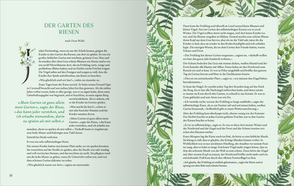 Gezeigt wird eine Innenansicht von „Mein Frühling im Grünen“. Die Doppelseite enthält einen zarten, hellgrünen Hintergrund, durchzogen von Abbildungen verschiedener Pflanzen und Blätter in lebendigen Grüntönen. Die linke Seite präsentiert den Text „DER GARTEN DES RIESEN“ in einer eleganten, serifenlosen Schrift, die gut lesbar ist. Der Text ist in dunklerer Schriftfarbe, mit akzentuierten Elementen in einem sanften Grünton. Das insgesamt harmonische Layout unterstreicht die...