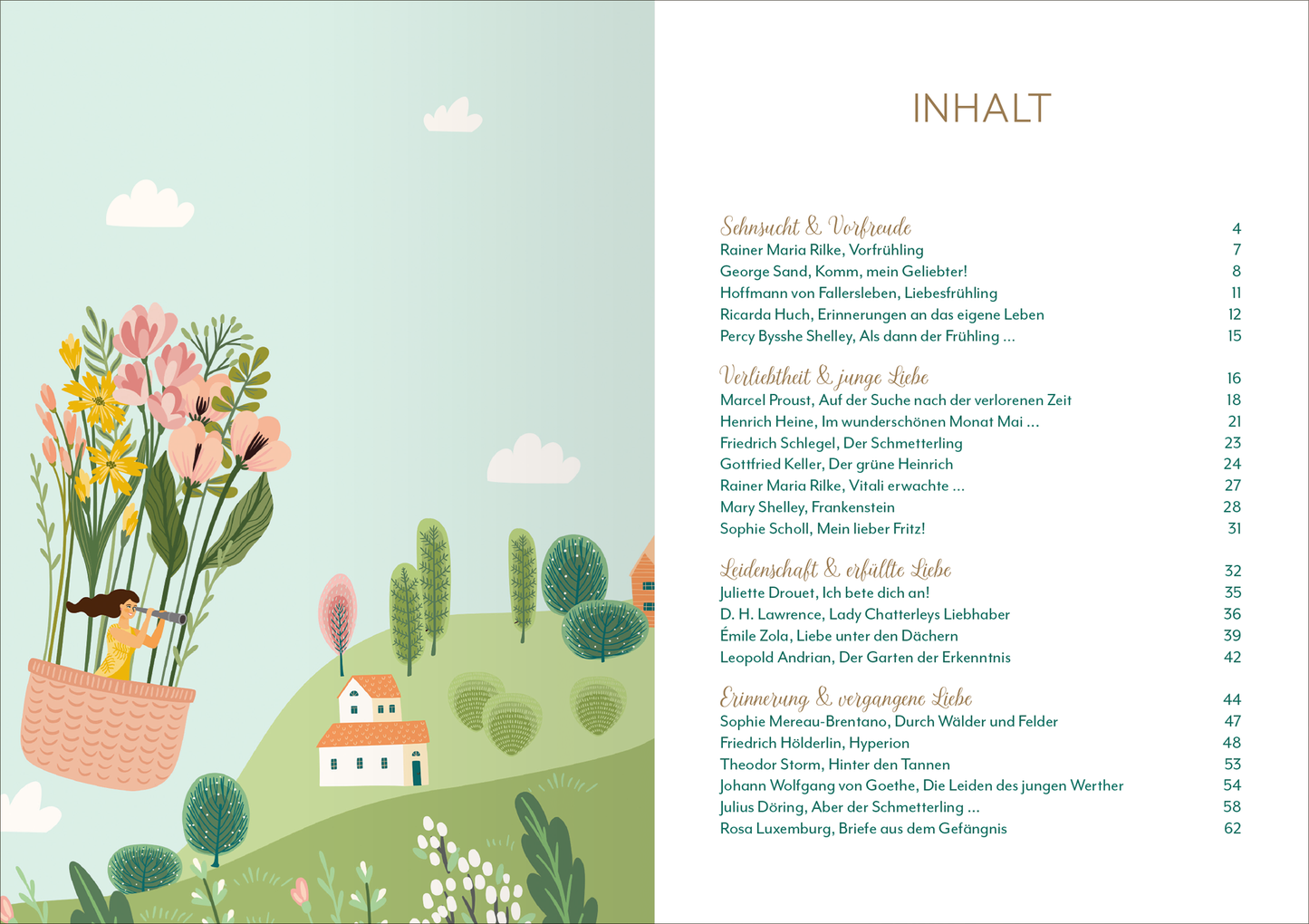 Gezeigt wird eine Innen- oder Zusatzansicht von „Frühlingsherz“. Die Doppelseite präsentiert eine fröhliche Landschaft mit sanften Hügeln und kleinen weißen Häusern. Bunte Blumensträuße in einem Korb stehen im Vordergrund, die Farben sind lebhaft, überwiegend in Pastelltönen gehalten. Die Typografie des Inhaltsverzeichnisses ist elegant und gut lesbar, die Überschrift „INHALT“ ist in goldener Schrift hervorgehoben. Die Illustration strahlt eine warme, einladende Atmosphäre...