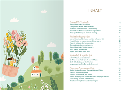 Gezeigt wird eine Innen- oder Zusatzansicht von „Frühlingsherz“. Die Doppelseite präsentiert eine fröhliche Landschaft mit sanften Hügeln und kleinen weißen Häusern. Bunte Blumensträuße in einem Korb stehen im Vordergrund, die Farben sind lebhaft, überwiegend in Pastelltönen gehalten. Die Typografie des Inhaltsverzeichnisses ist elegant und gut lesbar, die Überschrift „INHALT“ ist in goldener Schrift hervorgehoben. Die Illustration strahlt eine warme, einladende Atmosphäre...