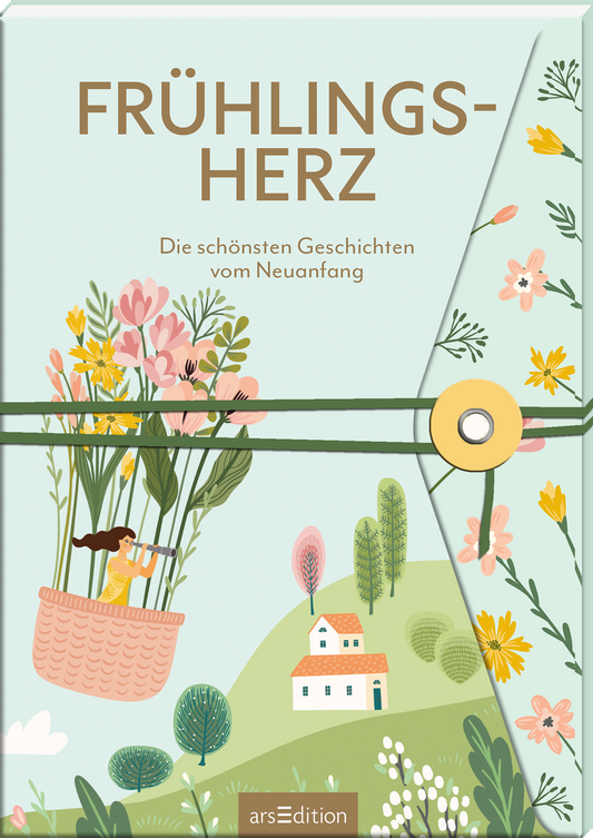 Auf dem Cover „FRÜHLINGSHERZ“ sind sanfte, pastellige Farben dominierend, mit einem hellen Hintergrund, der eine fröhliche Frühlingsszenerie zeigt. Im Vordergrund schwebt eine Person in einem Korb, umgeben von bunten Blumen. Im oberen Bereich steht der Titel in brauner, geschwungener Schrift, während darunter der Untertitel „Die schönsten Geschichten vom Neuanfang“ in einer schlichten Schriftart platziert ist. Ganz unten mittig steht der Logoschriftzug von arsEdition.