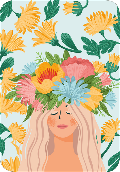 Gezeigt wird eine Innen- oder Zusatzansicht von „Wiesenglück“. Die Illustration zeigt eine Frau mit langen, blonden Haaren, die sanft im Wind wehen. Ihr Kopf ist mit einer prächtigen Blumenkrone aus bunten Blumen, wie Sonnenblumen, roten und blauen Blüten, verziert. Im Hintergrund ist ein zart blauer Himmel mit grünen Blättern zu sehen. Die Farbpalette ist lebhaft und strahlend, wobei sanfte Pastell- und kräftige Töne harmonisch kombiniert sind. Die typografischen Elemente sind...