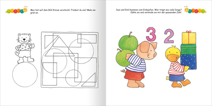 Gezeigt wird eine Innen- oder Zusatzansicht von „Lernraupe – Mein großes Übungsbuch für den Kindergarten“. Die Seite zeigt links eine schwarz-weiße Skizze mit geometrischen Formen sowie einer Katze, die ein Kind anspricht. Rechts sind Emils und Susis bunte, illustrierte Charaktere abgebildet, die zusammen verschiedene Gegenstände tragen und dabei mit Zahlen konfrontiert werden. Die Farben sind lebhaft und ansprechend, mit klaren, kindgerechten Schriftarten und einfachen...