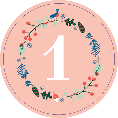 Gezeigt wird eine Innen- oder Zusatzansicht von „Adventskalender in der Dose. Weißt du eigentlich, wie lieb ich dich hab?“. Die Abbildung zeigt einen runden, sanft rosafarbenen Hintergrund. In der Mitte steht die große, weiße Zahl „1“, umgeben von einem dekorativen Kranz aus grünen Blättern, roten Beeren, Tannenzapfen und kleinen, bunten Vögeln. Die Gestaltung ist verspielt und festlich, ideal für die Weihnachtszeit.