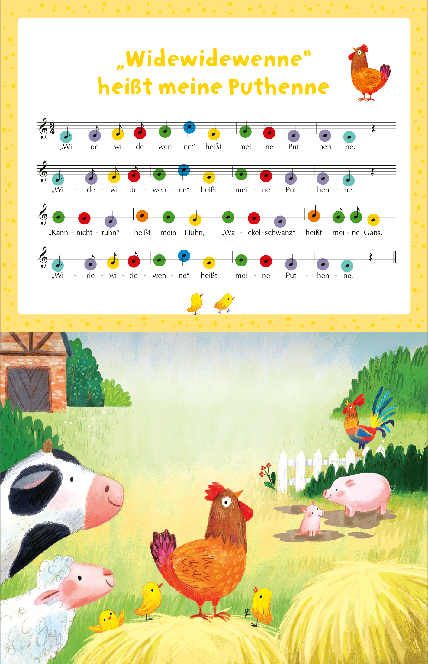 Gezeigt wird eine Innen- oder Zusatzansicht von „Mein liebstes Klavierbuch“. Die Seite enthält eine helle, gelbe Hintergrundfarbe mit einer Vielzahl von bunten Noten und einer einfachen Melodie. Oben steht in klarer, verspielter Schrift „Widewidewenne heißt meine Puthenne“. Unterhalb der Notenillustration sind liebevoll gestaltete Tierfiguren – eine Henne, eine Kuh, und einige kleine Küken – abgebildet, die auf einer Wiese vor einem Scheunenhintergrund stehen. Die Typografie ist...