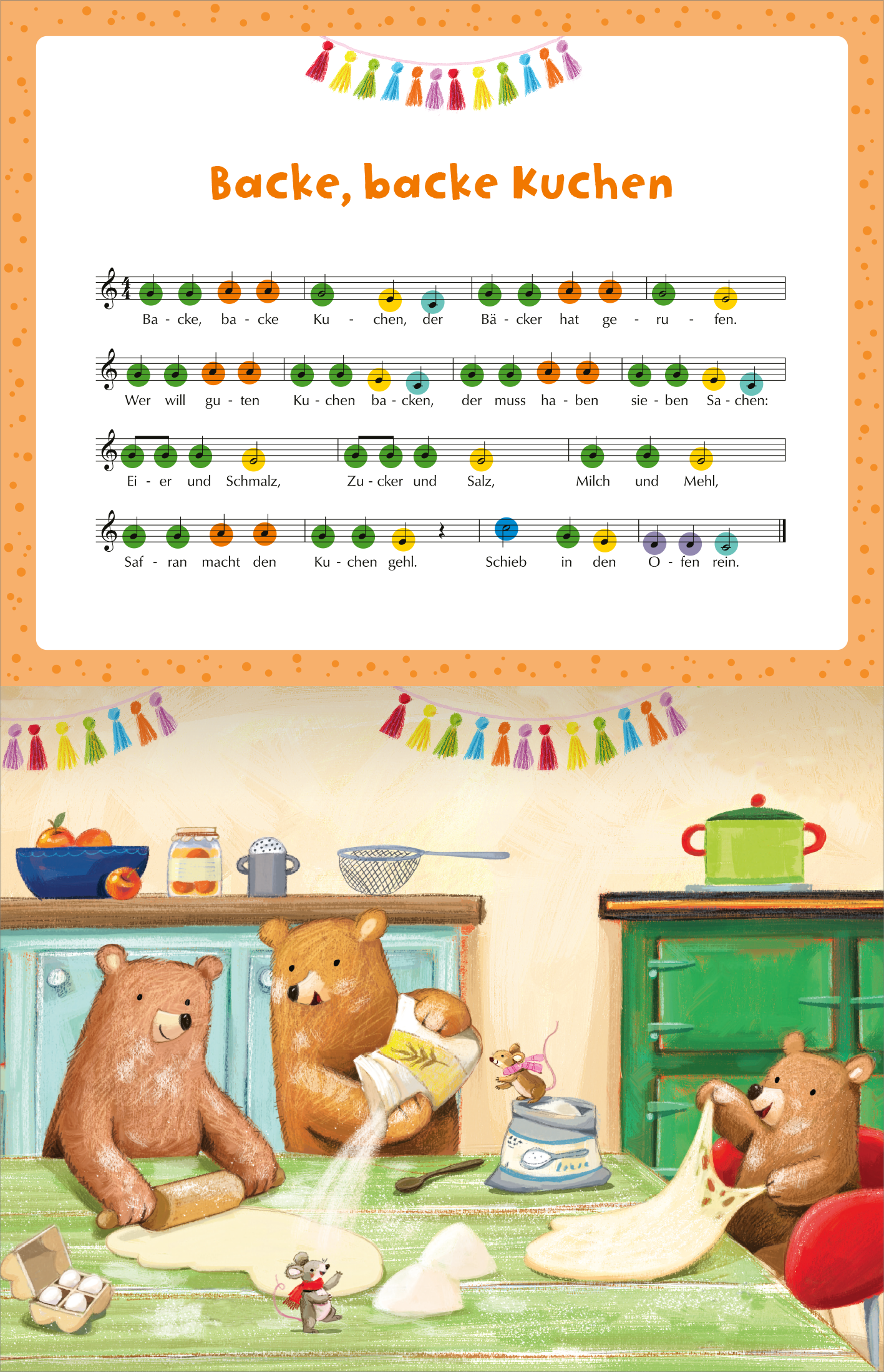 Gezeigt wird eine Innen- oder Zusatzansicht von „Mein liebstes Klavierbuch“. Die Seite präsentiert die Noten zu „Backe, backe Kuchen“ mit bunten Noten und einer lebhaften Illustration. Drei Bären sind in einer farbenfrohen Küche aktiv, wobei einer Teig ausrollt, ein anderer Zutaten mischt und der dritte zuschaut. Die Wand ist mit einer Kette aus bunten Figuren geschmückt. Die Farben sind hell und einladend, die Typografie der Titel ist groß und freundlich.