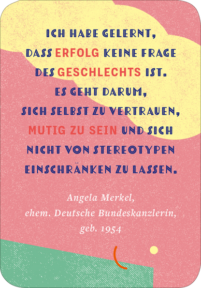 Gezeigt wird eine Innen- oder Zusatzansicht von „Mindset für starke Frauen“. Der Hintergrund ist in sanften Pastellfarben, hauptsächlich in rosa und gelb, gestaltet. Der Text ist überwiegend in blauer und roter Schrift gehalten und hebt wichtige Begriffe wie „ERFOLG“ und „MUTIG“ hervor, die fett und groß geschrieben sind. Die Typografie ist modern und einladend, während eine kurvenartige Grafik das Design ergänzt. Am unteren Rand steht der Name „Angela Merkel“ in...