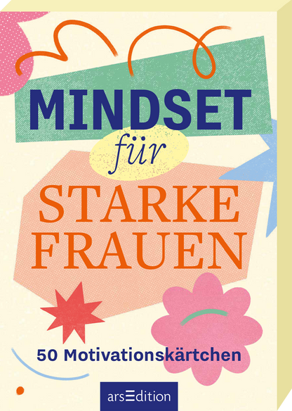Auf dem Cover steht der Titel „MINDSET für STARKE FRAUEN“ in großem, kräftigem Blau und leuchtendem Orange. Umgeben ist der Text von bunten, geometrischen Formen in Rosa, Gelb und Grün, die eine lebhafte und motivierende Atmosphäre schaffen. Der Untertitel „50 Motivationskärtchen“ ist kleiner, aber gut leserlich platziert. Ein SPIEGEL-Bestseller-Button ist oben links auf dem Cover abgebildet. Ganz unten mittig steht der Logoschriftzug von arsEdition.