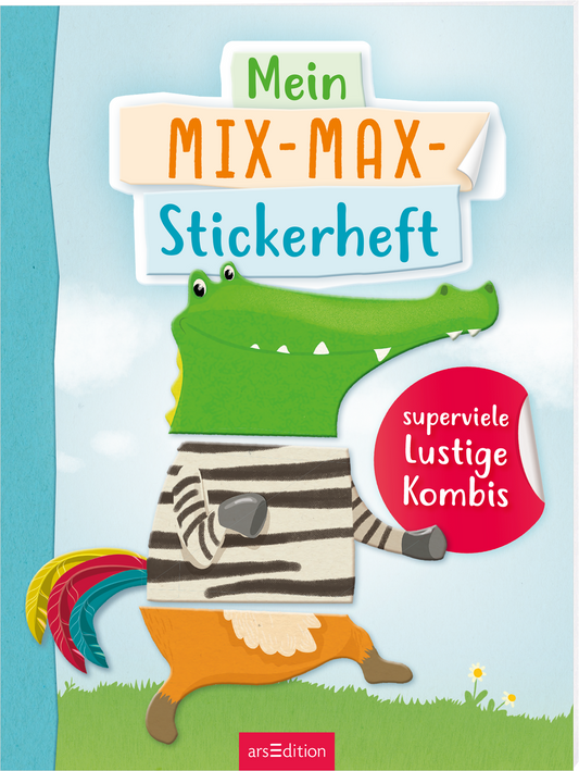 Das Cover zeigt einen fröhlichen Krokodil-Charakter mit einem großen, grünen Kopf und einem breiten Grinsen. Es trägt ein gestreiftes Shirt und hat einen bunten, gefärbten Schwanz. Im oberen Bereich steht der Titel „Mein MIX-MAX-Stickerheft“ in bunten Buchstaben, während der Hinweis „superviele lustige Kombis“ auf einem roten Sticker zu sehen ist. Der Hintergrund ist in sanften Blau- und Grüntönen gehalten und vermittelt eine spielerische Atmosphäre. Ganz unten mittig steht der...