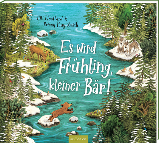 Auf dem Cover ist eine idyllische, von Bäumen gesäumte Flusslandschaft zu sehen, in der fröhlich ein kleiner Bär am Ufer sitzt. Um ihn herum tummeln sich verschiedene Tiere, darunter Rehe und Füchse, während der Fluss sanft fließt. Die Farben sind lebhaft, mit überwiegend Grüntönen, die Frühlingsgefühle wecken. Die verspielte, handschriftliche Typografie des Titels „Es wird Frühling, kleiner Bär!“ strahlt Freude aus. Ganz unten mittig steht der Logoschriftzug von arsEdition.