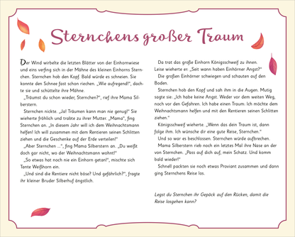 Gezeigt wird eine Innen- oder Zusatzansicht von „Ein Einhorn träumt von Weihnachten“. Der Text ist in einer gut lesbaren, verspielten Schriftart in dunklem Braun auf hellem Hintergrund gesetzt. Die Überschrift „Sternchens großer Traum“ ist ansprechend in einer dekorativen Schrift gestaltet. Bunte, herbstliche Blätter in warmen Rottönen umrahmen die Seite, während die Erzählung über das Einhorn in verschnörkelten Absätzen fließt und eine fantasievolle, einladende Atmosphäre...