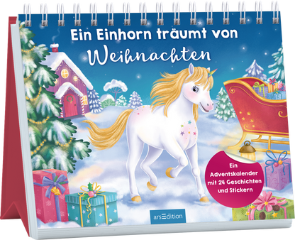 Auf dem Buchcover „Ein Einhorn träumt von Weihnachten“ ist ein fröhliches, weißes Einhorn abgebildet, das durch eine traumhafte Winterlandschaft mit schneebedeckten Tannen und einem niedlichen Häuschen mit Rauch aus dem Schornstein läuft. Der Himmel ist tiefblau und mit funkelnden Schneeflocken verziert. Der Titel in verspielter, weißer Schrift mit goldfarbenen Akzenten hebt sich farblich ab. Unten rechts ist ein roter Button mit dem Text „Ein Adventskalender mit 24 Geschichten und...