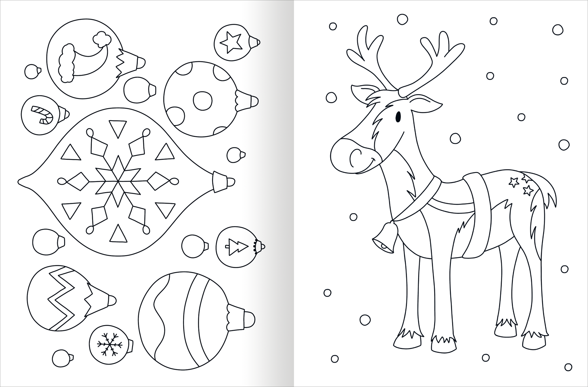 Gezeigt wird eine Innen- oder Zusatzansicht von „Ausmal-Fensterbilder – Im Winter“. Die Seite zeigt verschiedene Weihnachtsmotive wie einen Rentier mit großen, ausdrucksvollen Augen und stilisierten Weihnachtskugeln. Die Illustrationen sind in klaren, dicken Konturen gehalten und laden zum Ausmalen ein. Die Motive sind umgeben von kleinen Schneeflocken und Sternen, was eine winterliche Atmosphäre schafft.
