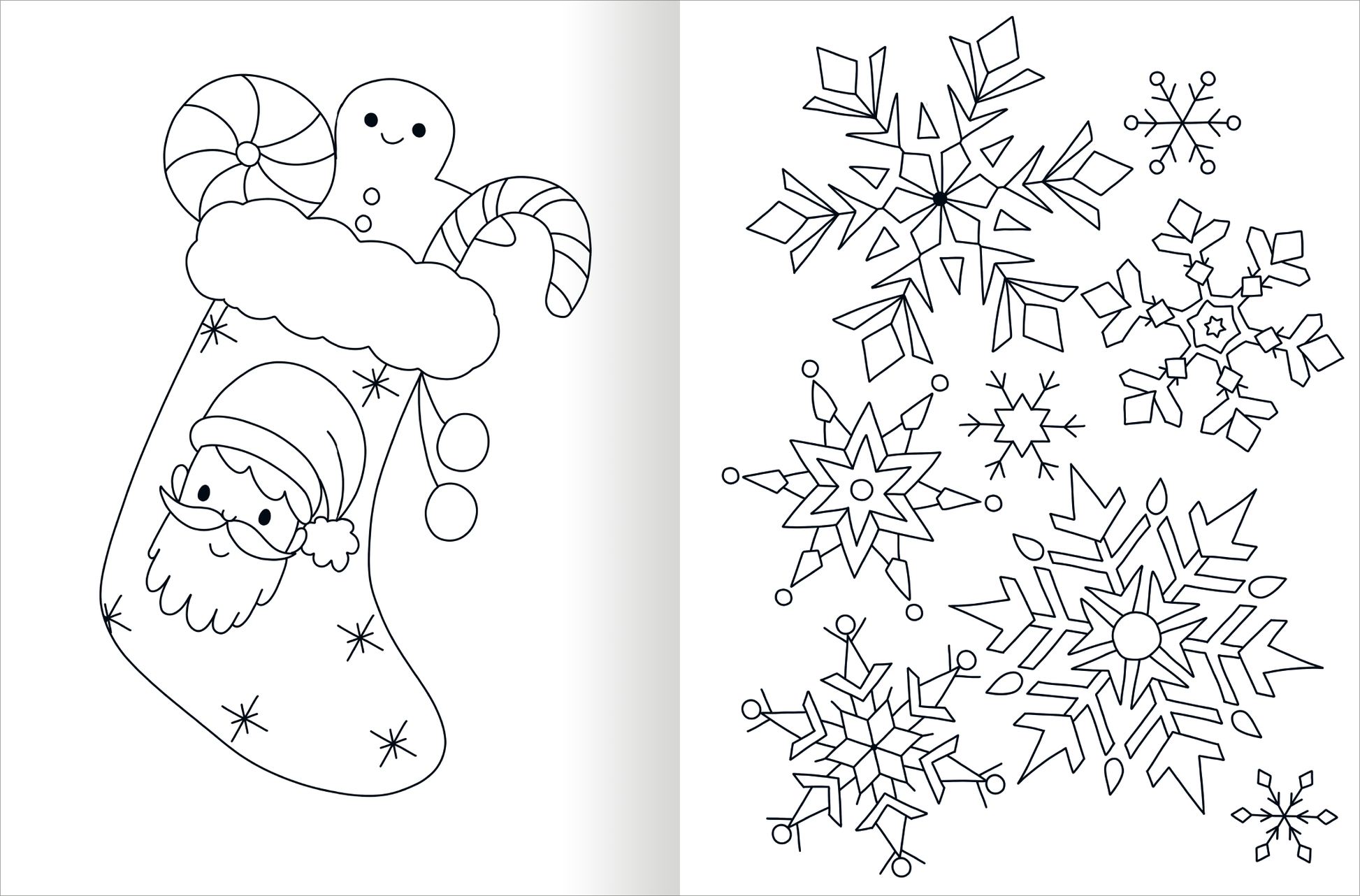 Gezeigt wird eine Innen- oder Zusatzansicht von „Ausmal-Fensterbilder – Im Winter“. Auf der linken Seite befindet sich ein Ausmalbild eines Weihnachtsstrumpfs, verziert mit einem Keks, einer Zuckerstange und einem lächelnden Schneemann. Auf der rechten Seite sind verschiedene prächtige Schneeflocken in unterschiedlichen Formen und Mustern abgebildet. Die Zeichnungen sind in konturierter Schwarzfarbe gehalten und laden zum Ausmalen ein.