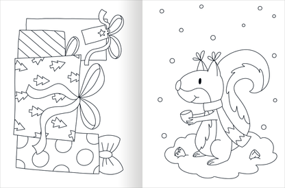 Gezeigt wird eine Innen- oder Zusatzansicht von „Ausmal-Fensterbilder – Im Winter“. Auf der linken Seite sind mehrere Geschenkpäckchen mit unterschiedlichen Mustern, wie z.B. gepunktet und mit Tannenbaum-Motiven, abgebildet, verbunden durch eine große Schleife. Rechts sitzt ein niedliches Eichhörnchen, das eine Tasse in den Händen hält und in einer schneebedeckten Umgebung steht. Die Zeichnungen sind in klaren, einlinigen Konturen gestaltet, die zum Ausmalen einladen.