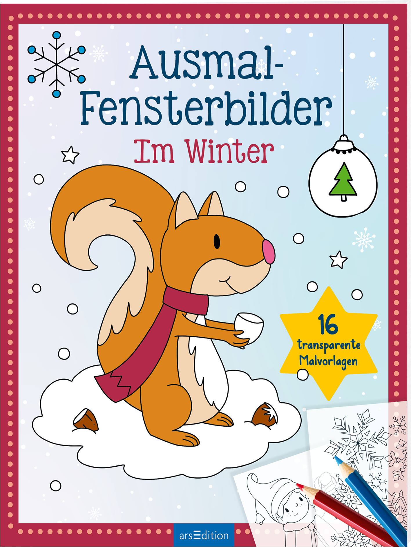 Zu sehen ist die 3D-Ansicht des Titels. Das Buchcover zeigt ein fröhliches Eichhörnchen in einem winterlichen Szenario, das eine Nuss hält und auf einem Schneehaufen steht. Der Hintergrund ist hellblau mit weißen Schneeflocken und einer kleinen Christbaumkugel. Der Titel „Ausmal-Fensterbilder“ in einer spielerischen Schriftart ist oben platziert, während „Im Winter“ in einer weicheren, roten Schrift darunter steht. In gelbem Stern sind die Worte „16 transparente Malvorlagen“ zu...