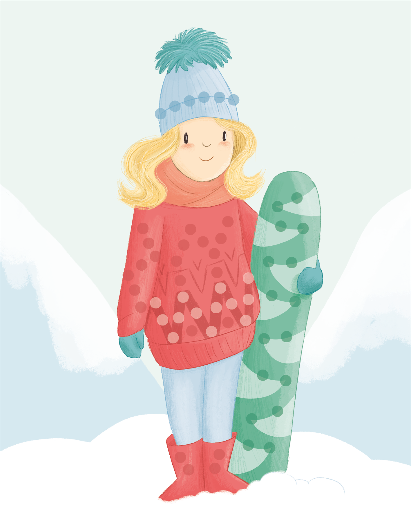 Gezeigt wird eine Innen- oder Zusatzansicht von „Diamantsticker Anziehpuppen – Wintertraum“. Die Illustration zeigt ein Mädchen in einem roten Pullover mit farbigen Punkten, das einen grünen Snowboard mit Mustern hält. Es trägt eine hellblaue Mütze mit einem Pompon und hat lange, blonde Haare. Die Szenerie ist in sanften Winterfarben gehalten, mit einem schneebedeckten Hintergrund, der eine fröhliche und winterliche Atmosphäre vermittelt.