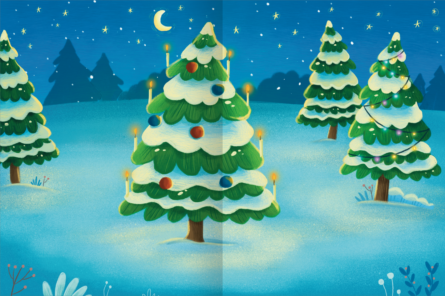 Gezeigt wird eine Innen- oder Zusatzansicht von „Erstes Stickern – Im Winter“. Die Illustration zeigt eine winterliche Landschaft mit mehreren frisch beschneiten Tannenbäumen, die mit bunten Kugeln und Lichtern geschmückt sind. Der Himmel ist in einem tiefen Blau gehalten, gespickt mit funkelnden Sternen und einer schmalen Mondsichel. Der Schnee wirkt weich und gleichmäßig, während die Bäume hellgrün und einladend erscheinen.