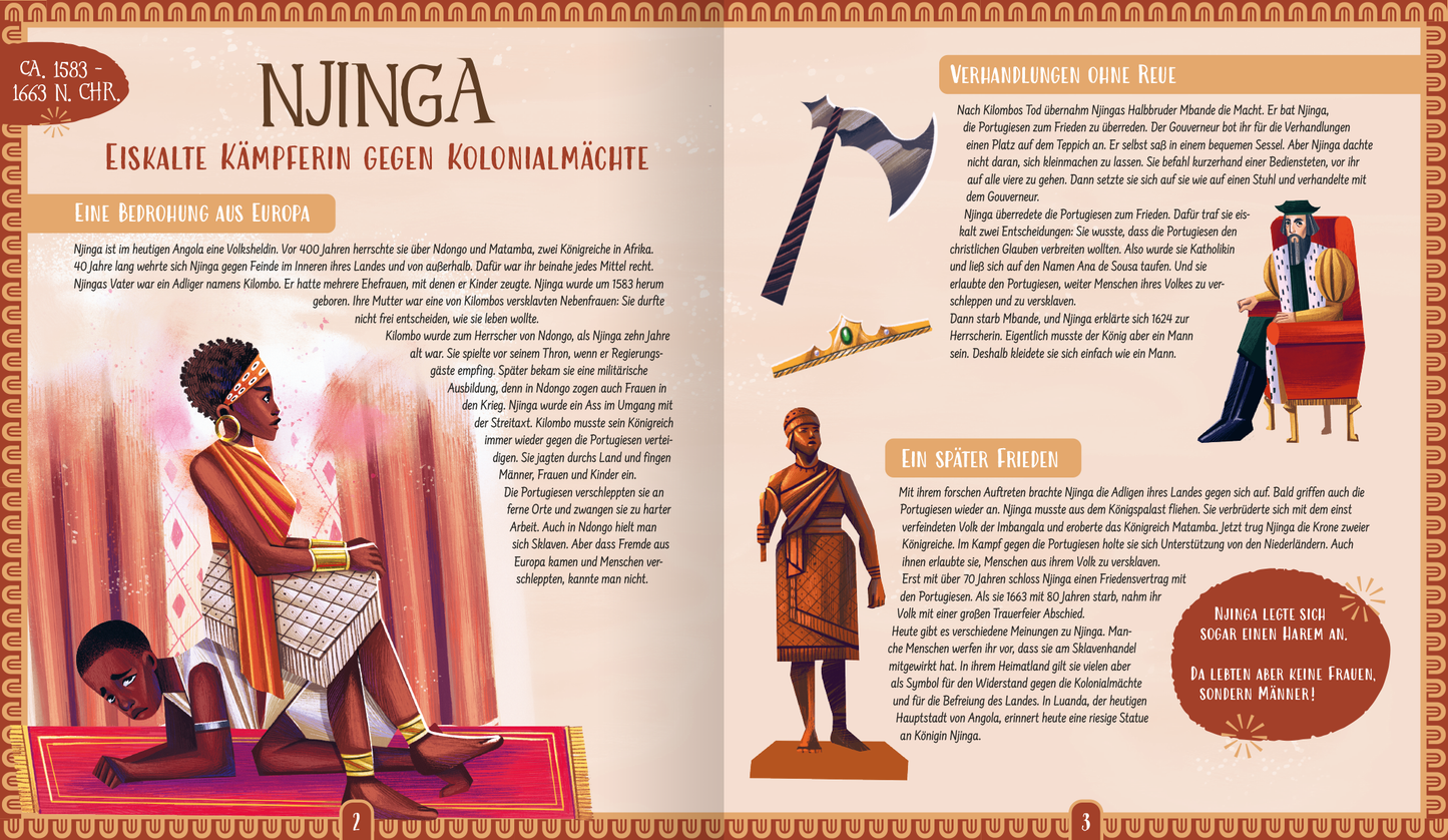 Gezeigt wird eine Innen- oder Zusatzansicht von „Königinnen“. Die Seiten sind in warmen Erdtönen gehalten, mit kräftigen Akzenten in Rot und Gold. Im Mittelpunkt steht die Figur einer starken Kämpferin, umgeben von informativen Textfeldern in klarer, gut lesbarer Schrift. Die Typografie variiert zwischen großen Überschriften und fließendem Fließtext. Illustrierte Symbole und historische Waffen ergänzen die visuelle Erzählung und schaffen ein eindrucksvolles, informatives...