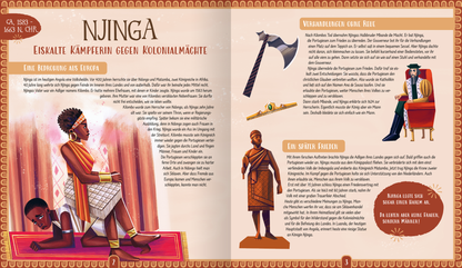 Gezeigt wird eine Innen- oder Zusatzansicht von „Königinnen“. Die Seiten sind in warmen Erdtönen gehalten, mit kräftigen Akzenten in Rot und Gold. Im Mittelpunkt steht die Figur einer starken Kämpferin, umgeben von informativen Textfeldern in klarer, gut lesbarer Schrift. Die Typografie variiert zwischen großen Überschriften und fließendem Fließtext. Illustrierte Symbole und historische Waffen ergänzen die visuelle Erzählung und schaffen ein eindrucksvolles, informatives...